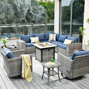 Marlton 10pc Wicker Outdoor Fire Pit Patio Furniture Set Conversation Sofa with Swivel Chairs and Cushions - 1 of 4
