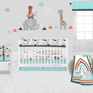 Bacati - Jungle Safari Aqua Orange Gray 6 pc Cotton Crib Bedding Set with Long Rail Guard Cover - 1 of 4