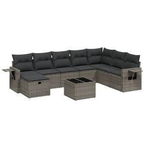 vidaXL 9 Piece Patio Sofa Set with Cushions Gray Poly Rattan - Gray without storage 9 - 1 of 4