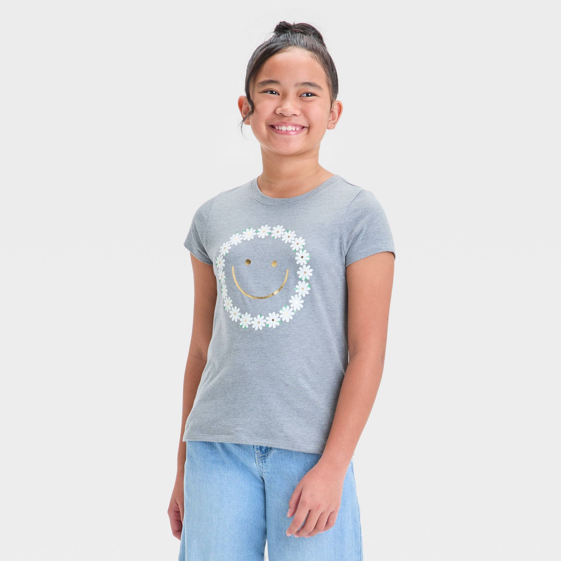 Girls' Short Sleeve Floral Smiley Graphic T-Shirt - Cat & Jack™ Gray M: Crew Neck, Relaxed Fit