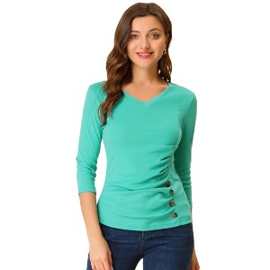 INSPIRE CHIC Women's V Neck 3/4 Sleeves Solid Knitted Buttons Decor Ruched Blouse - 1 of 4