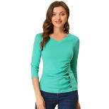 Allegra K Women's V Neck 3/4 Sleeves Solid Knitted Buttons Decor Ruched Blouse
