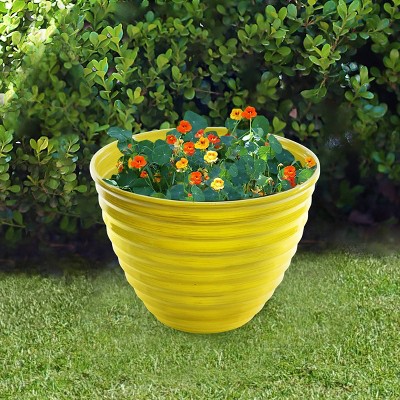 12" Yellow Ribbed Plastic Indoor Outdoor Planter