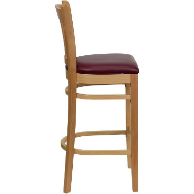 Natural Wood Barstool with Burgundy Vinyl Seat