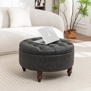 SEYNAR 29.5''Modern PU Leather Round Storage Ottoman with Wood Legs - 1 of 4