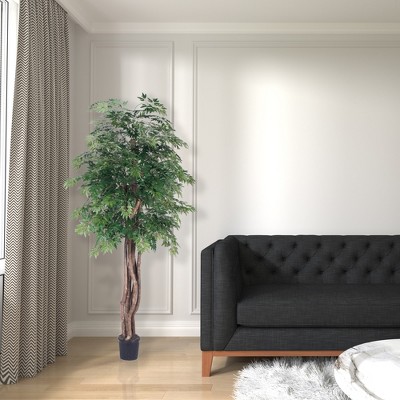 Lifelike Silk Ming Aralia 6' Outdoor Potted Tree with Realistic Trunks