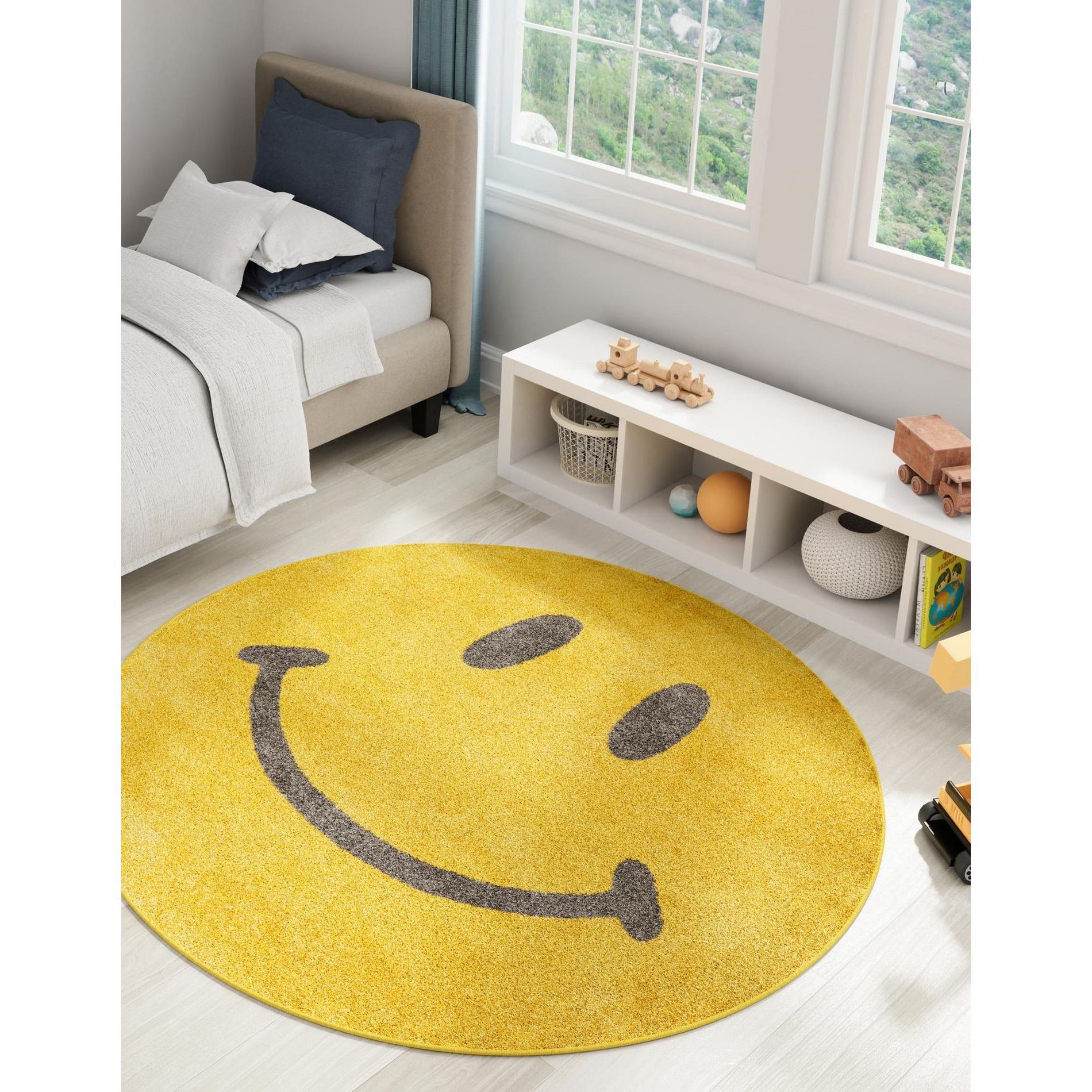 Unique Loom Whimsy Kids Collection Area Rug - Smilie (5' 1" Round Yellow/Blue)