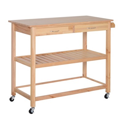 HOMCOM 42" Kitchen Trolley Cart Rolling Island Utility Serving Cart with 2 Drawers and 3-Tier Shelf Pine Wood