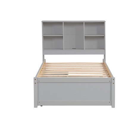Grey Modern Single Bed Frame with Integrated USB Ports, Bookshelf Headboard, and Two Drawers