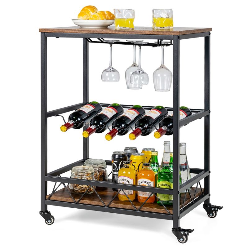 Costway Kitchen  Cart Serving Trolley on Wheels w/ Wine Rack Glass Holder, 1 of 11