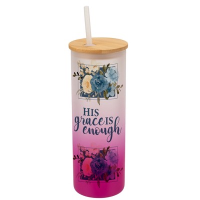 Elanze Designs His Grace Is Enough Faith Floral Frame Wrap-Around Design 25 Ounce Frosted Gradient Glass On-The-Go Coffee Travel Skinny Tumbler Mug