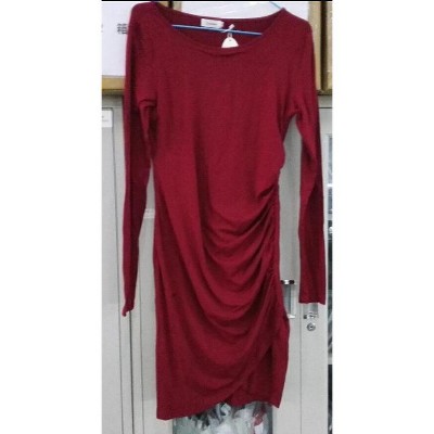 Women's round neck long sleeved cross hem pleated maternity dress, non vacuum wine red long sleeved, wine red long sleeves_XL