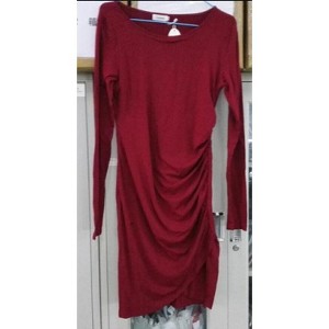 Women's round neck long sleeved cross hem pleated maternity dress, non vacuum wine red long sleeved, wine red long sleeves_S - 1 of 1