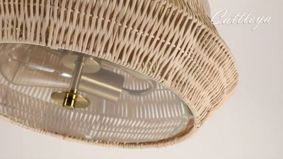 Vintage Brass and Natural Rattan Geometric Cage Flush Mount Light