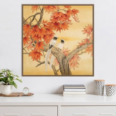 Autumn Love Birds Framed Canvas Wall Art with Beaded Perimeter
