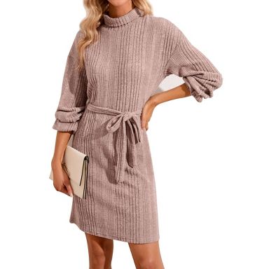Coolmee Women's Pullover Sweater Dress Long Sleeve Turtle Neck Tie Waist  Ribbed Knit Mini Short Dress Light Pink XL : Target