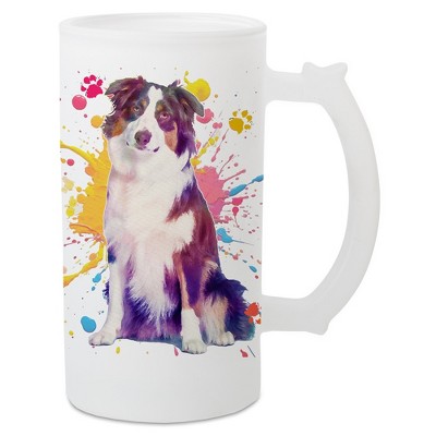 100 North Freezable Beer Stein Mug With Thumb Grip Handle, 16 Ounce Frosted Glass, Australian Shepherd Paint Splatter