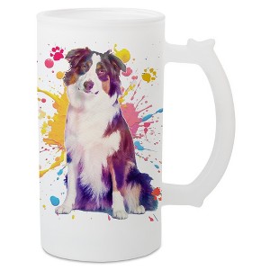 100 North Freezable Beer Stein Mug With Thumb Grip Handle, 16 Ounce Frosted Glass, Australian Shepherd Paint Splatter - 1 of 4