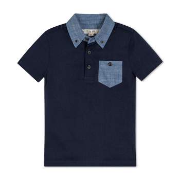 Hope & Henry Boys' Organic Short Sleeve Jersey Polo with Chambray Trim, Kids