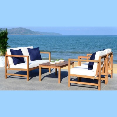 Montez 4-Piece Teak Brown and Beige Outdoor Set with Accent Pillows
