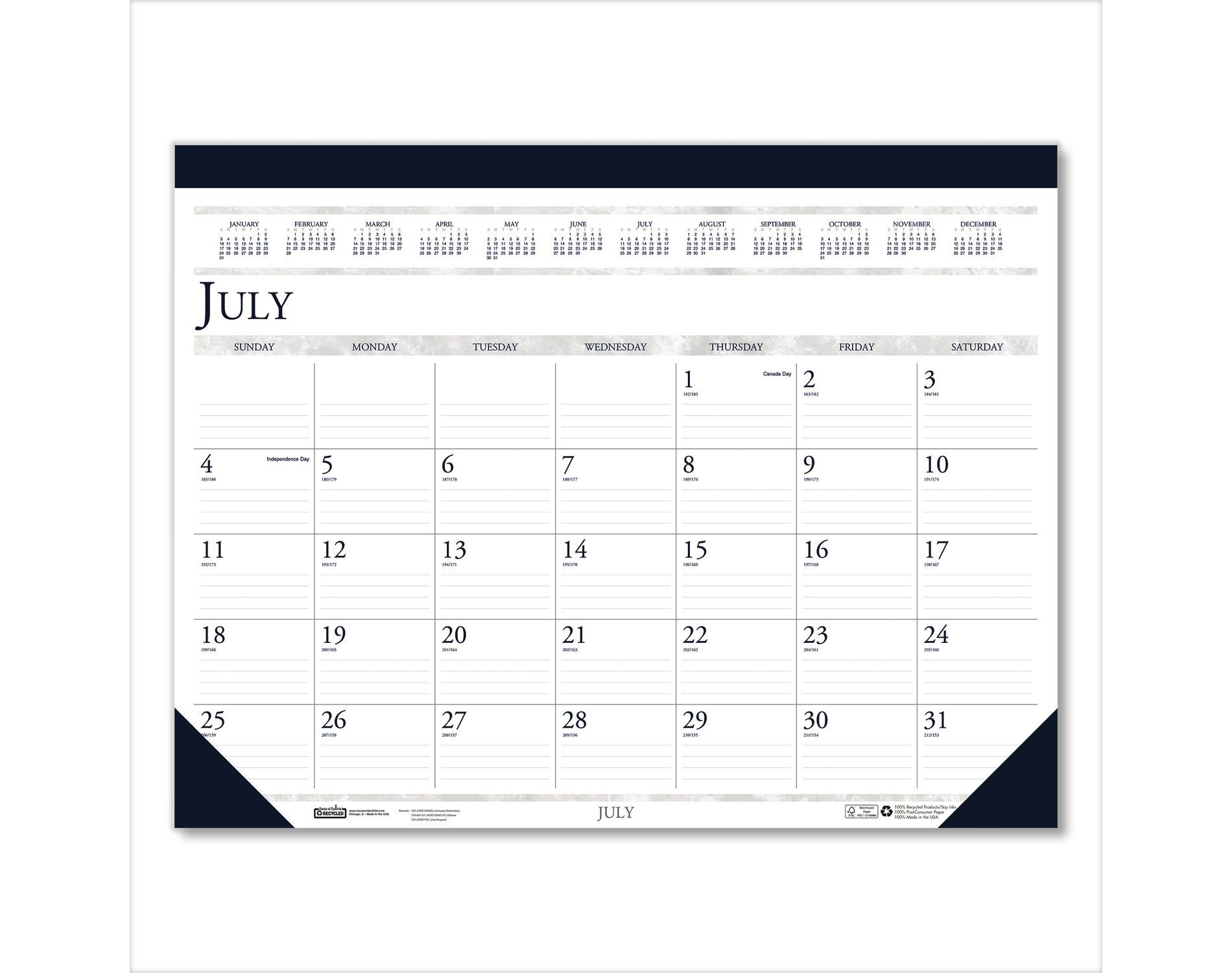 Recycled Academic Desk Pad Calendar, 22 x 17, White/Blue Sheets, Blue Binding/Corners, 14-Month: July 2025 to Aug 2026