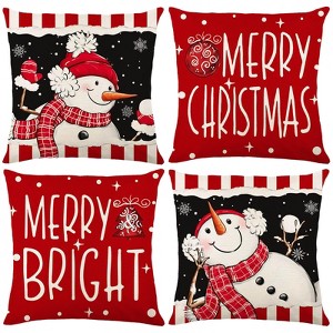 Snowman Christmas Throw Pillow Covers 18" x 18", Set of 4 Christmas Home Decor, Merry Xmas Pillow Cases - 1 of 4