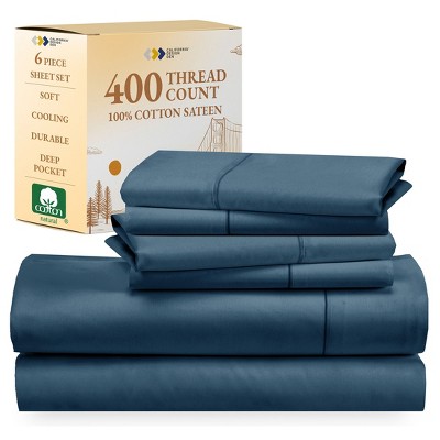 6 Piece Sheet Set with 4 Pillowcases - 400 Thread Count 100% Cotton Sateen - Deep Pocket by California Design Den