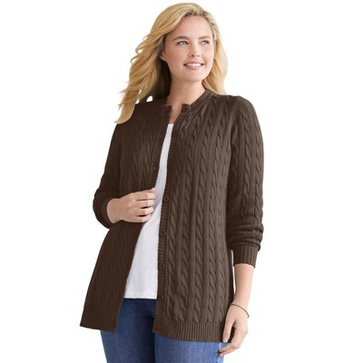 Woman Within Plus Size Cotton Cable Knit Cardigan Sweater