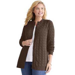 Woman Within Plus Size Cotton Cable Knit Cardigan Sweater - 1 of 4
