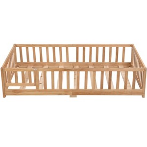 DOMETOUR Full Size Floor Bed with Door, Solid Wood Platform Bed Frame with Fence , Suitable for children , Pine Wood , Natural - 1 of 4