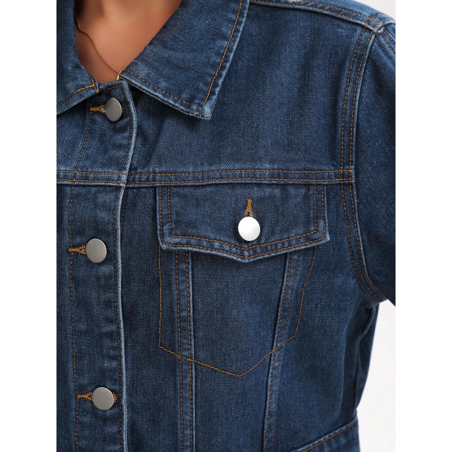 Женская куртка INSPIRE CHIC Short Sleeve Button Up Frayed Washed Denim Jacket Dark Blue Large, цвет: Потёртый джинсовый — фото 5