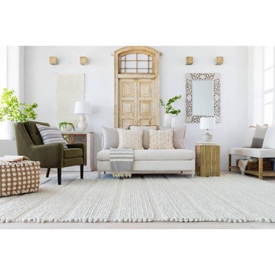 Natural Fiber White and Beige Woven Pouf