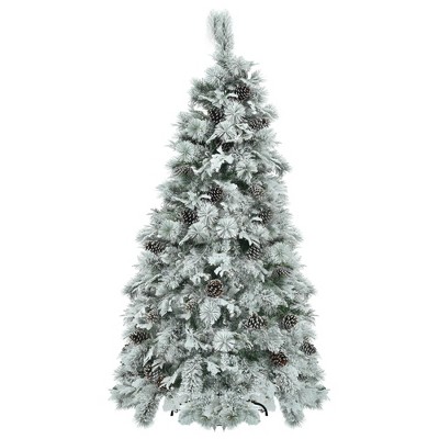 TopComfy Christmas Tree Stand Pre-Lit Snow Flocked Spruce Tree with Pine Cones for Holiday Decor, White and Green, 41.3"*41.3"*72"