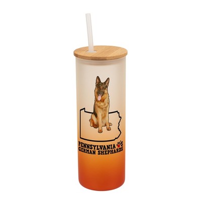 Elanze Designs The Keystone State Pennsylvania Loves German Shepherds Orange and White Ombre Frosted Glass Travel Tumbler with Straw and Wooden Lid,