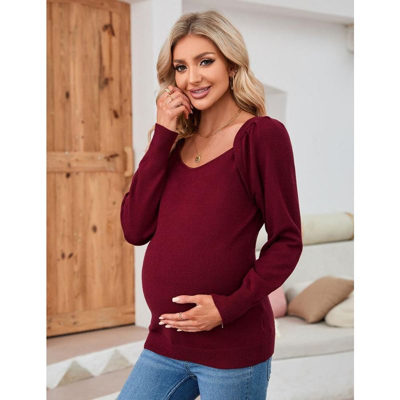 Women's Maternity Tops Casual V Neck Sweaters Puff Long Sleeve Ribbed Knit Fall Pregnancy Babydoll Pullover Sweater, 4 of 8