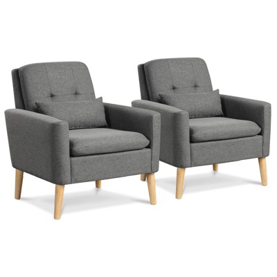 Costway 2PCS Mid-century Accent Chair Linen Fabric Reading Armchair with Lumbar Pillow