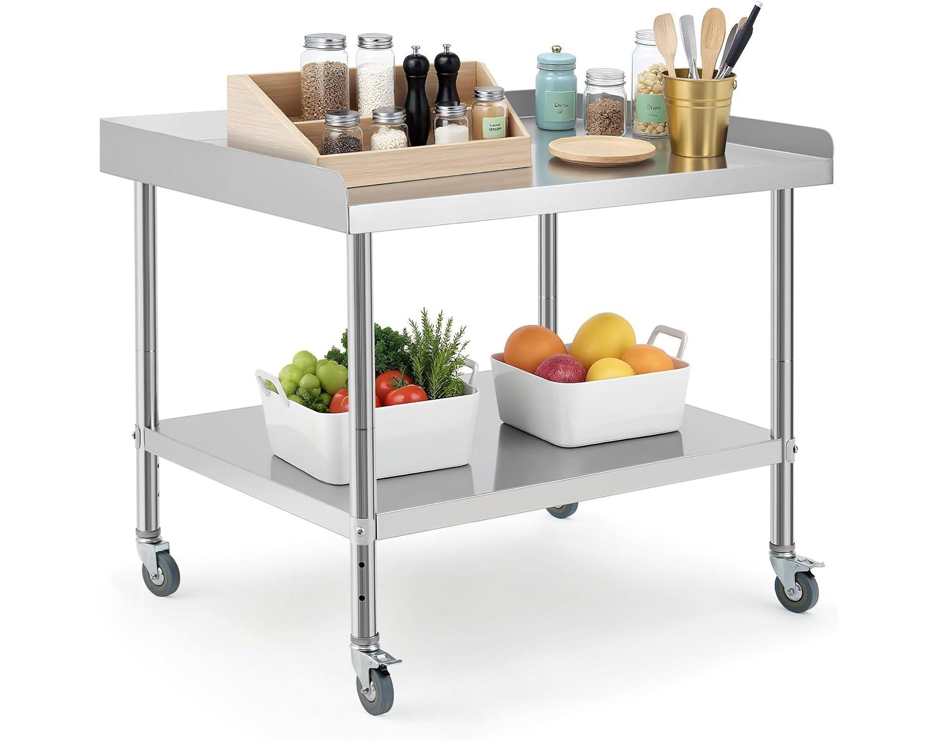 Stainless Steel Table,Prep Table w/ Non-Removable Backsplash&4 Wheels for Kitchens&Restaurants,36 * 30 * 30Inch