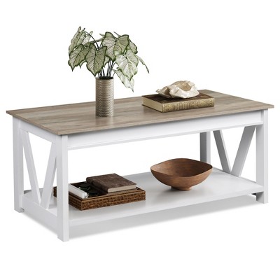 Coffee Table 43" with Storage Shelf and Sturdy V-Shaped Support, Farmhouse Wood Center Table for Living Room, Bedroom, Office, Balcony