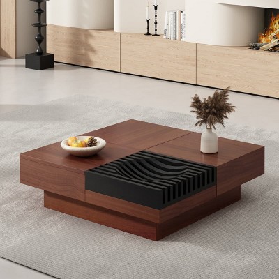 Storage Coffee Table with Sliding Drawers and Hidden Compartments, Wood Center Table for Living Room with Organizer Space-The Pop Home