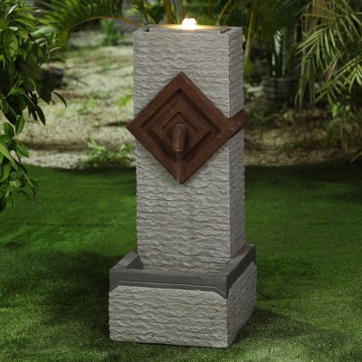 Gray and Brown Resin Column Outdoor Fountain with LED Light