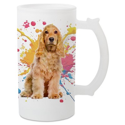 100 North Freezable Beer Stein Mug With Thumb Grip Handle, 16 Ounce Frosted Glass, Cocker Spaniel Dog Paint Splatter