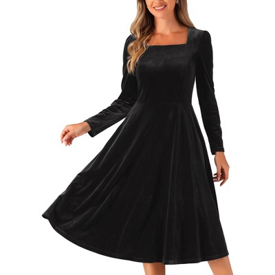 Allegra K Women's Square Neck Pocket High Waist Puff Long Sleeve Elegant Velvet Dresses