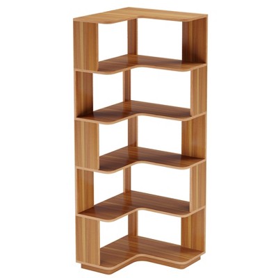 Lirago Brown Wooden Particle Board 6-Tier Corner Bookshelf 23.6x23.6x64.9 Inch with Anti-Drop Panel