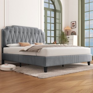 Yaheetech Upholstered Bed Frame with Button-Tufted Headboard - 1 of 4