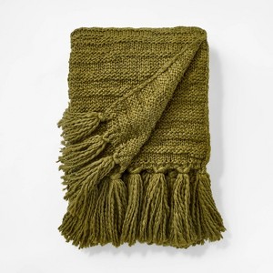 Raised Striped Chunky Knit Throw Blanket Green - Threshold™ designed with Studio McGee: Midweight, Tasseled, Machine Washable - 1 of 3