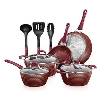NutriChef Metallic Nonstick Ceramic Cooking Kitchen Cookware Pots and Pans with Lids, Utensils, and Cool Touch Handle Grips, 11 Piece Set