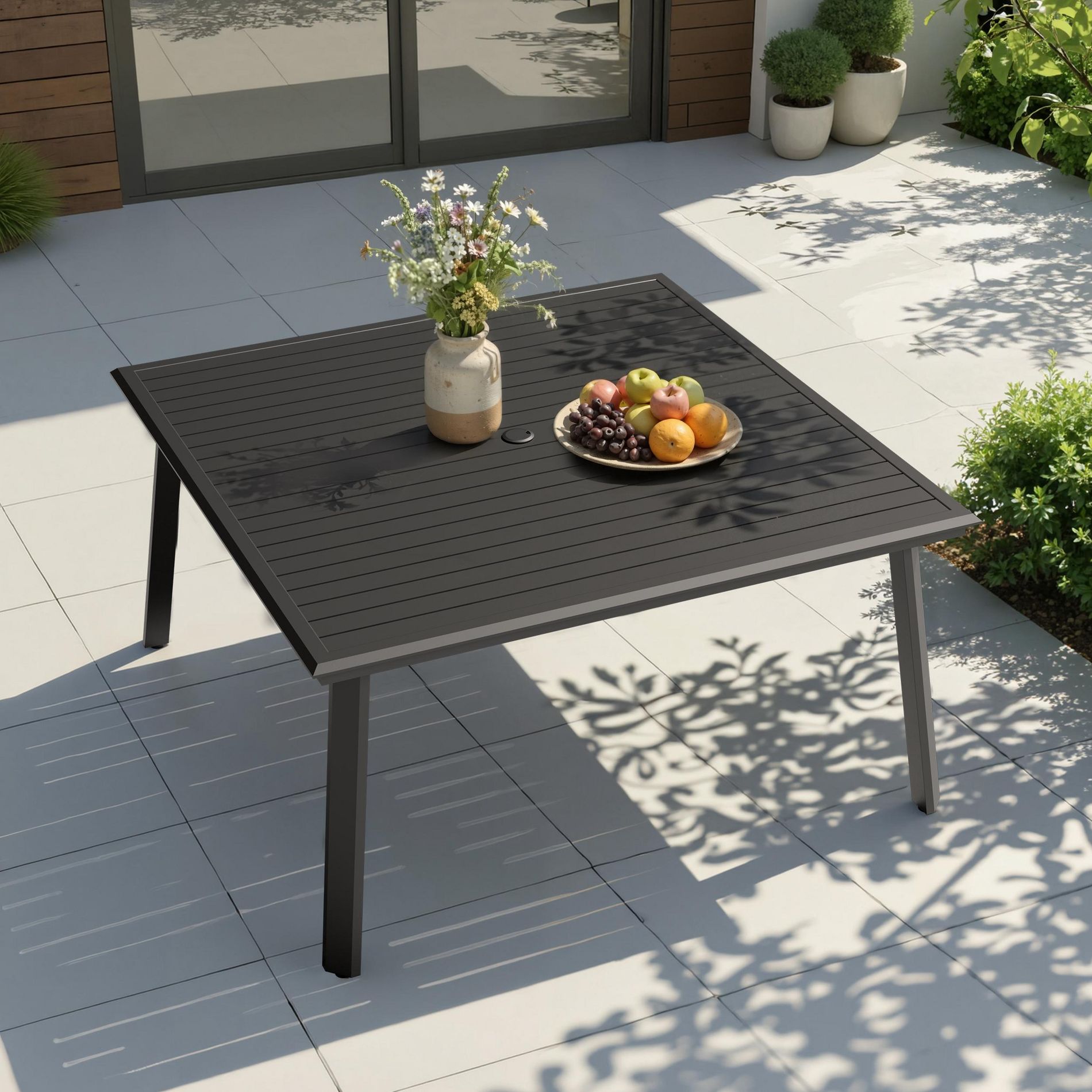 Pellebant 56.9-Inch Outdoor Square Dining Table, All-Aluminum Patio Table with Umbrella Hole