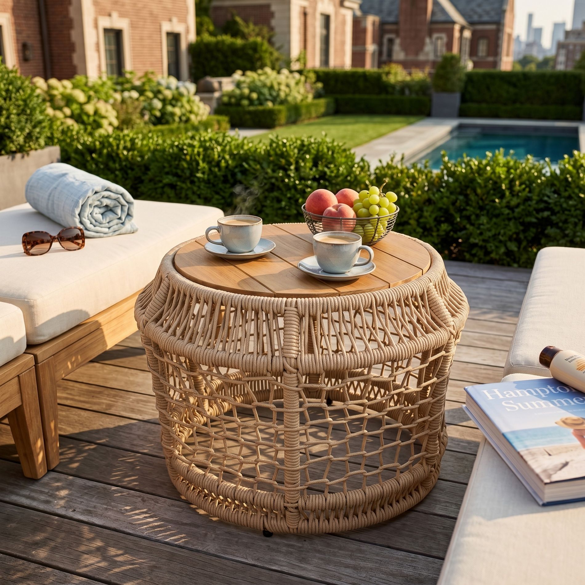 25.59"W Round Side Table with Woven Rope Base, Acacia Wood Outdoor Accent Table, Weather-Resistant Patio End Table, Teak - ModernLuxe