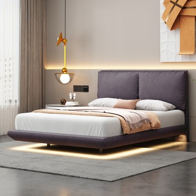 TIRAMISUBEST Full/Queen Size Upholstered Platform Bed with Sensor Light and 2 Backrests, Stylish Bed Frame with 2 sets of USB Port and Socket
