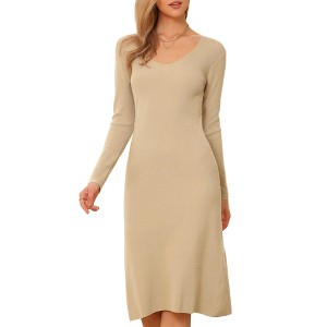INSPIRE CHIC Women's V Neck Long Sleeve Ribbed Knit Midi Sweater Dresses - 1 of 4